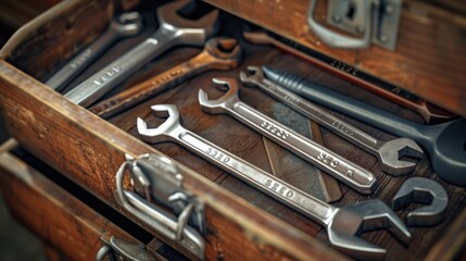 Vintage Toolbox with SEO Wrenches - Close-up of a vintage toolbox filled with wrenches labeled "SEO," representing digital marketing tools in a classic mechanical setting.