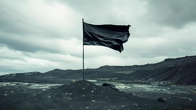 In a stark landscape a black flag flies upwards its ascent signifying triumph over adversity.