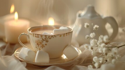 Fototapeta premium In a delicate, graceful cup, a hot drink steams gently, its rich aroma wafting through the air.