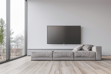 Minimalist living room interiors composition with a tv set, a sofa and a window providing natural lighting. Luxury Real Estate composition.