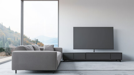 Minimalist living room interiors composition with a tv set, a sofa and a window providing natural lighting. Luxury Real Estate composition.