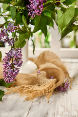 Rustic Window with Lilac Flowers and Sunlight - Wood and Nature Decor