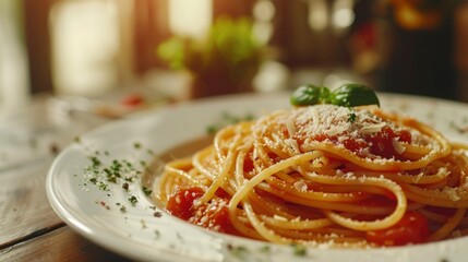 Delicious Appetizing Classic Spaghetti Pasta With Tomato Sauce And Parmesan Cheese, A Beloved Italian Dish