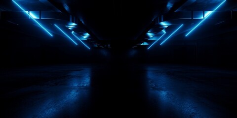 Vibrant Blue Spaceship Alien Neon Lasers Cyberpunk Stage Podium Glowing Tunnel Corridor Realistic Sci Fi Futuristic Dark Concrete Grunge Basement Underground Parking Showroom 3D Rendering