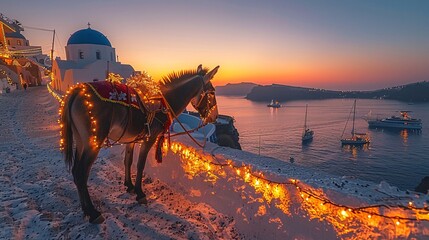 Obraz premium Christmas in Santorini: Blue-domed churches lit up with lights, a donkey with a sequined saddle, sunset over a volcanic caldera with sailboats