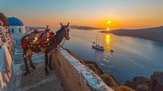Christmas in Santorini: Blue-domed churches lit up with lights, a donkey with a sequined saddle, sunset over a volcanic caldera with sailboats, stairs