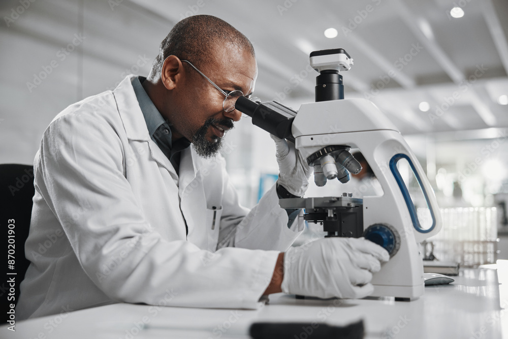 Poster medical, scientist and black man with microscope in lab for research, development and stem cell test