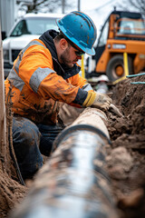 Worker installing underground pipes