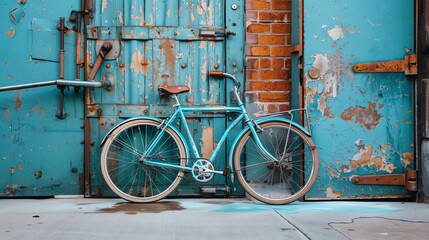 An antique bicycle leans against a wooden door