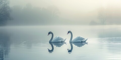 Fototapeta premium Tranquil Morning Serenity with Swans on Misty Lake