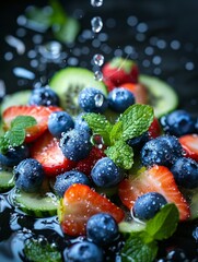 A Macro Shot of Assorted Fresh Berries Including Raspberries, Blueberries, Blackberries, and Tropical Fruits Like Mango and Papaya with Splashing Water, Creating a Refreshing and Colorful Display