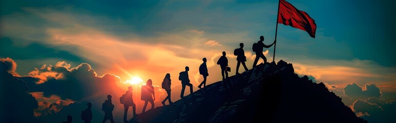 A group of people are on a mountain, with a red flag held by one of them