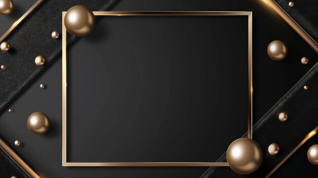 A luxurious invitation template featuring a black background with a golden frame, adorned with spherical gold accents and subtle textures