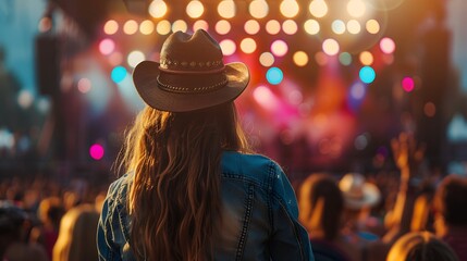 Obraz premium A cowgirl wearing cowboy hat enjoying music concert in open air festival, crowd of people watching stage at sunset time with beautiful colorful lights and bokeh effect background, summer vacation conc