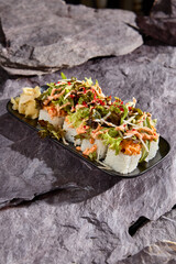 Fresh Salad Roll with Spicy Sauce on Stone Background – Gourmet Japanese Sushi