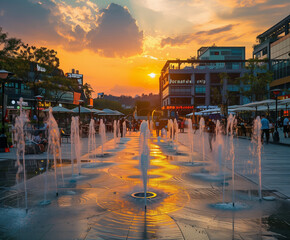 Bustling Urban Plaza at Sunset: Fountains Glisten as the Day Ends