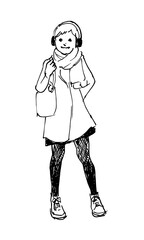 マフラーをする女性の線画イラスト