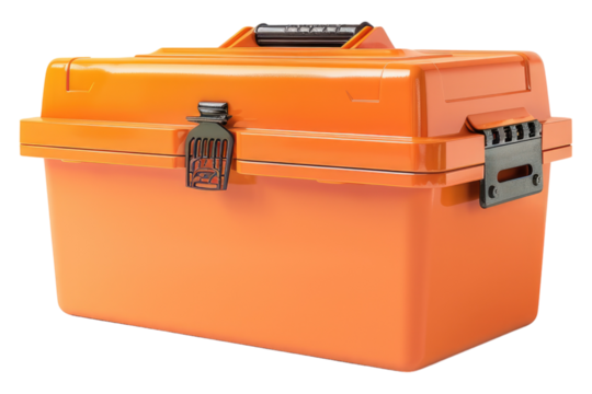 Orange plastic tool box isolated on transparent background