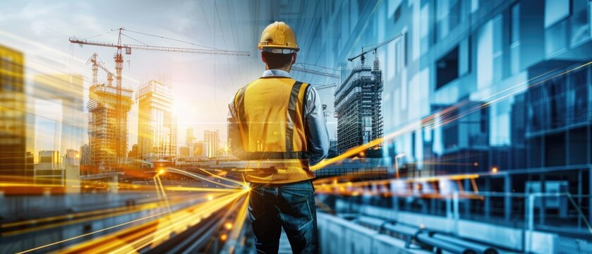 rear view of professional engineer manager standing concentrate focus multi exposure with building construction industry background construstion engineer concept