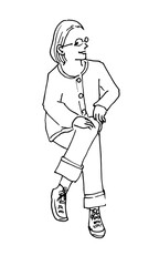 足を組んで座る女性の線画イラスト