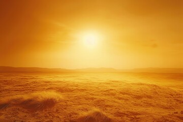 Heat shimmer rises from a sun-scorched landscape, distorting the horizon and creating a mirage-like effect against a minimalist, simple background that highlights the intensity of the heat.