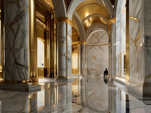 Luxurious hotel lobby featuring white marble with gold veining brass accents and elegant lighting Reflective floors and mirrored surfaces 