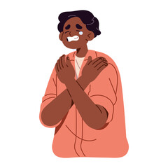 Upset boy cries and hugs self. Sad teenager with tears on face. Depressed teen person sobbing with sorrow feelings. Grief emotion, misery facial expression. Flat isolated vector illustration on white