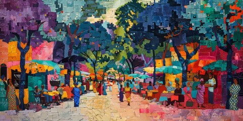 Fototapeta premium Vibrant Street Market in Mosaic Style with Lively Atmosphere