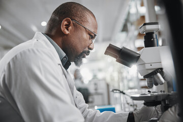 Science, lab and microscope research with black man and computer for data analysis and doctor report. Working, scientist and medical journal study with tech and professional with healthcare article
