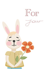Happy birthday card. For your.Cute rabbit with flower and calligraphy. Vector illustration template