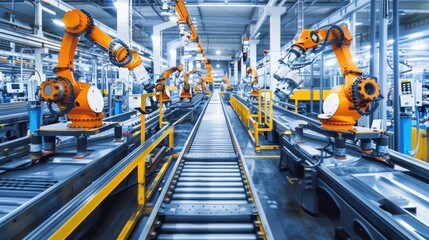 Robotic arms and conveyors in a manufacturing plant