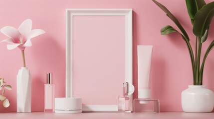 Elegant skincare products arranged next to a white frame against a textured pink background with a touch of greenery from plants