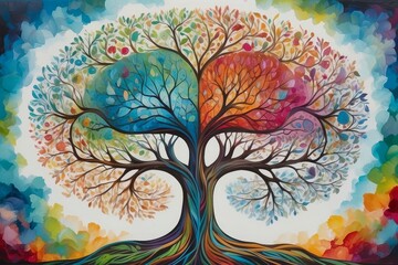 Abstract tree branches forming the shape of human brain with colorful leaves pattern. Mental health emotions background.