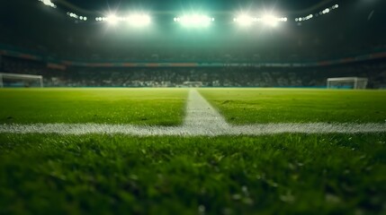 Obraz premium Bright stadium lights illuminating the field at night, creating a dramatic and vibrant scene for sports events and large gatherings