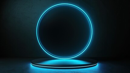 futuristic blue luminous round frame podium, business ecommerce product presentation background