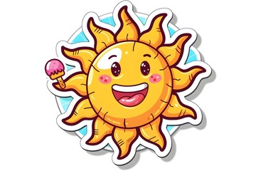 Cheerful Sun Character with Beach Ball and Ice Cream on White Background for Sticker Design