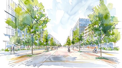 Modern urban city street with green trees and people riding bicycles, sketch illustration with watercolor for landscape architecture design concept rendering of master plan on white background, eye le