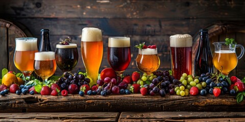 Rustic Bar Scene with Varied Beer Glasses and Fresh Fruits on Wooden Table