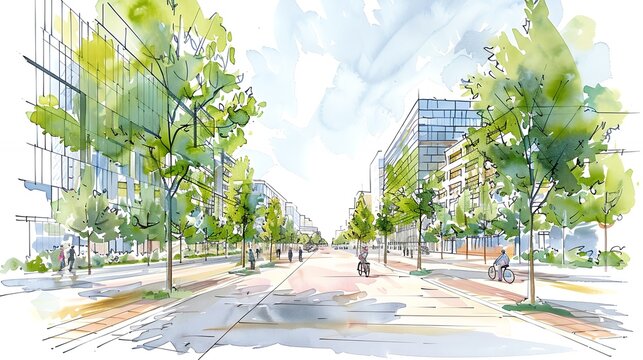 Modern urban city street with green trees and people riding bicycles, sketch illustration with watercolor for landscape architecture design concept rendering of master plan on white background, eye le