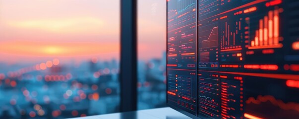 Digital banking interface, holographic financial data, modern high-rise office, futuristic banking technology