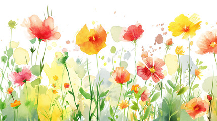 Watercolor blooming spring flowers with splash background. Green leaves, field wild summer bloom, herbs. beautiful composition. Illustration isolated on a transparent background