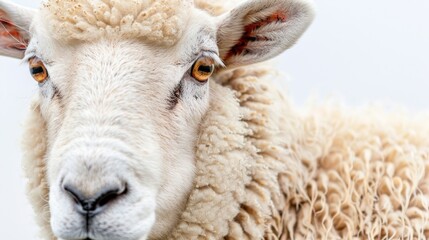 Close-up of sheep with curly wool on white background.