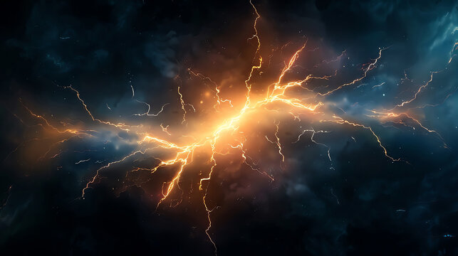 Thunderstorm golden lightening on a dark background