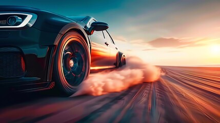 Dynamic shot of a high-speed black sports car drifting on a road at sunset, with clouds of dust and smoke trailing behind.