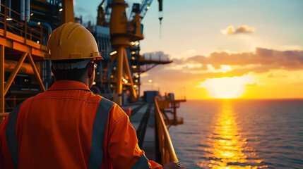 Engineer in hard hat observing sunset from oil platform, symbolizing industrial work, ocean, and horizon views.