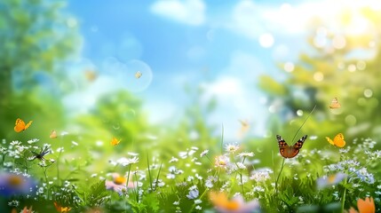 Obraz premium A serene spring meadow filled with fresh green grass and colorful butterflies, embodying the beauty and tranquility of nature in full bloom