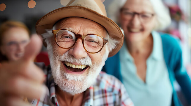 Happy elderly man with hat and glasses giving thumbs up, standing next to smiling woman. Positive senior moments and companionship.