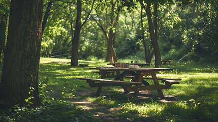 A shaded picnic table with benches and lunch boxes on top
