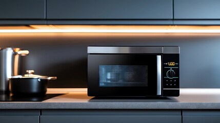Obraz premium Modern kitchen interior with a sleek black microwave oven on a countertop, illuminated by under-cabinet lighting.
