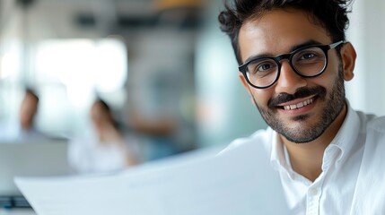 Obraz premium Smiling professional in an office holding a document. Bright, modern workspace with people in the background.